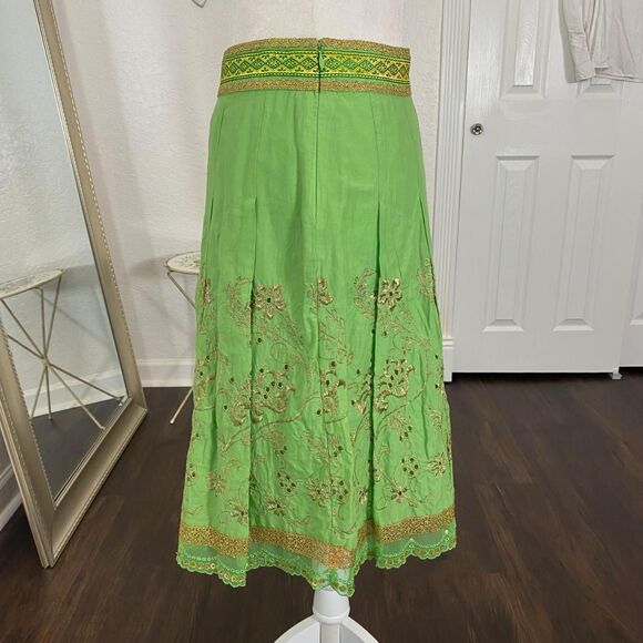 Express Ethereal Fairy Core Green Cotton Gold Thread Sequin Lace Midi Skirt S - Picture 4 of 8